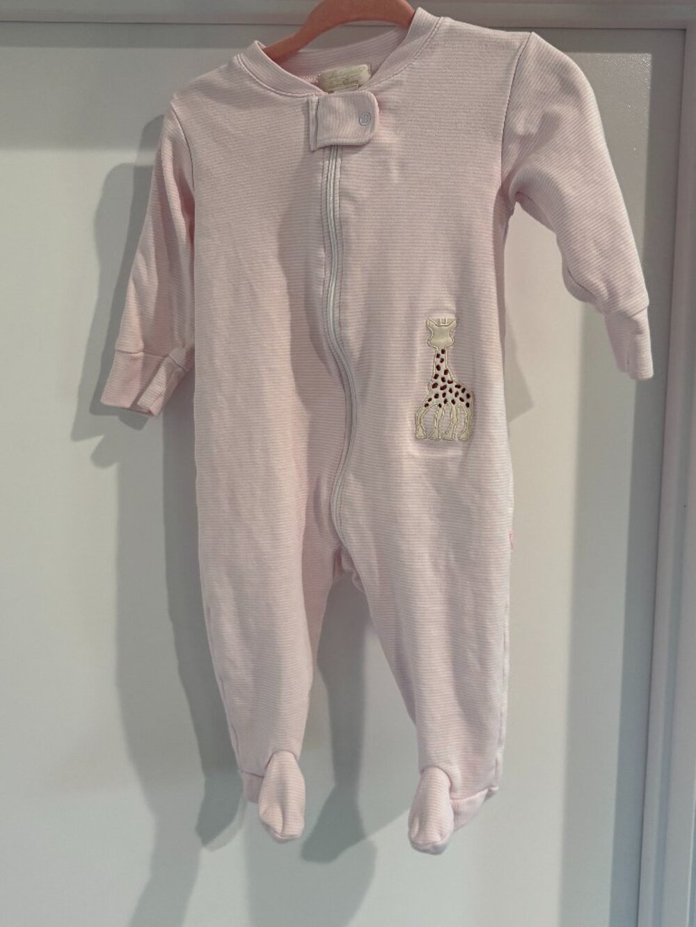 Kissy Kissy Light Pink Striped Embroidered Giraffe Footie Sleeper Pima, 6-9
